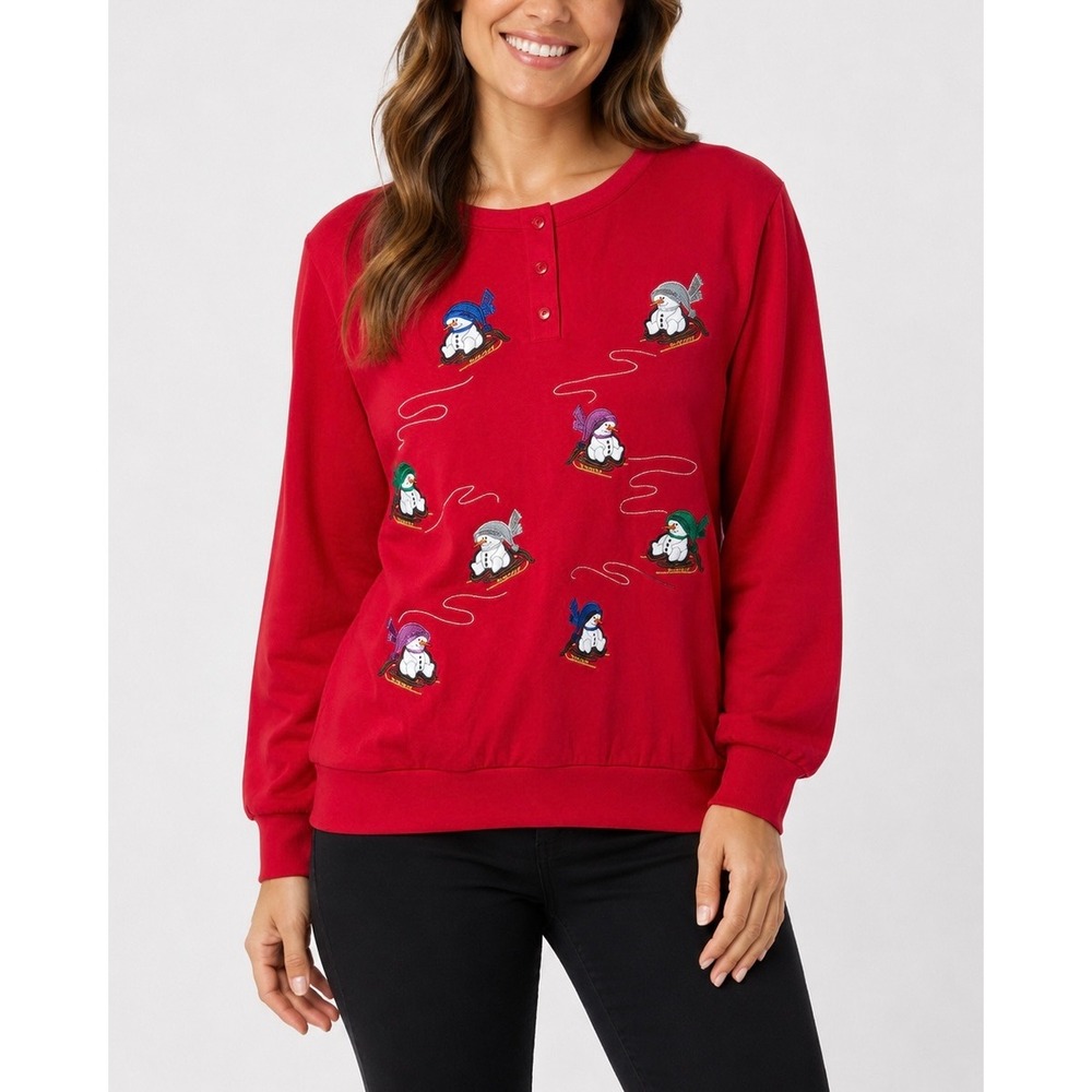 Karen Scott Sweatshirt Women L Red Snowman Embroidered Henley Ugly Christmas Top